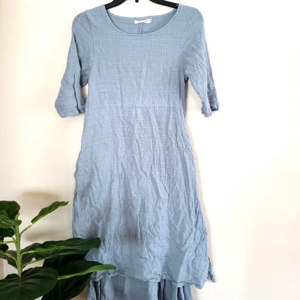 Anysize brand blue dress, slub cotton, prairie, cottage core, minimalist, Sz 88